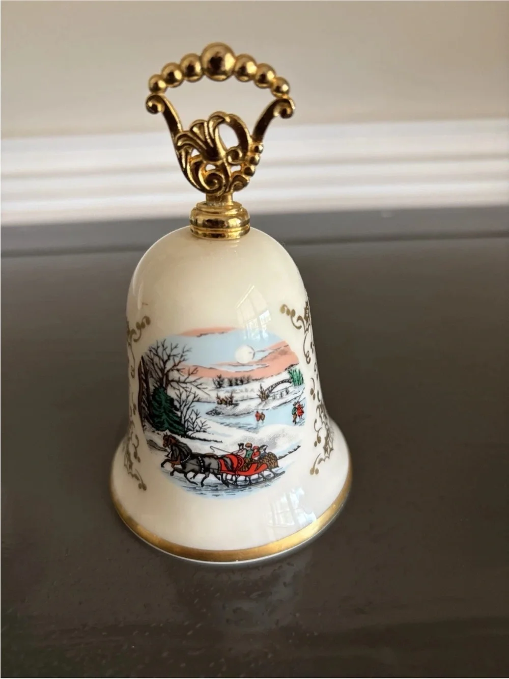 Gorham Cream and Gold Porcelain Holiday Bell with Sleigh Scene